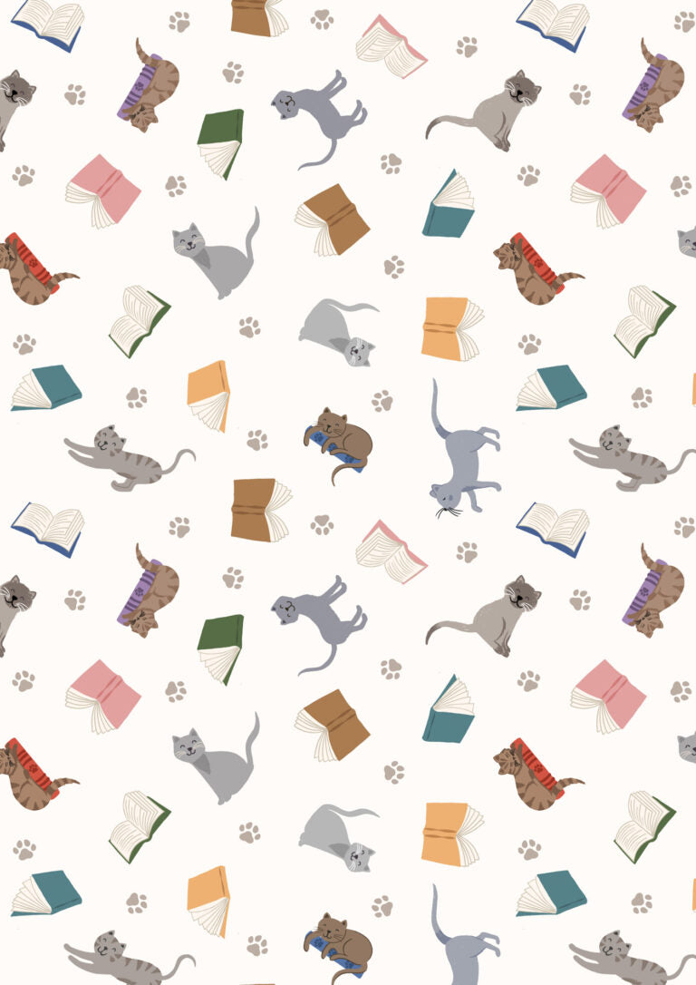 The Purrfect Book Club Scattered Cats and Books Cream Lewis & Irene Cotton Fabric LI-A965A