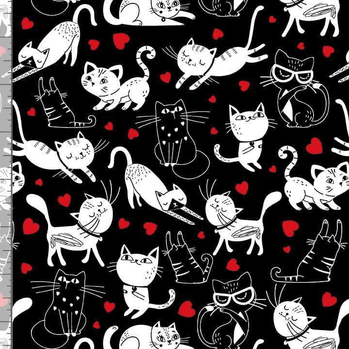 Cats Tossed Cats & Hearts in Black Timeless Treasures Cotton Fabric TT-CAT-CD3833-BLACK