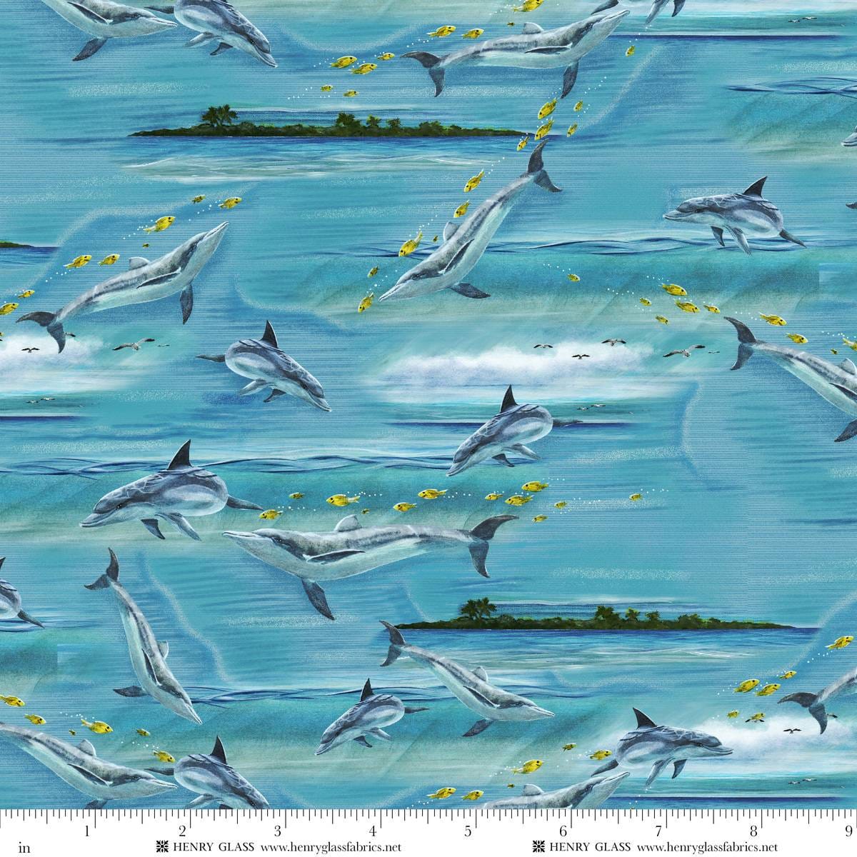 Window to Paradise Dolphins Bay Blue Lisa Sparling Henry Glass Cotton Fabric HG-2332-17
