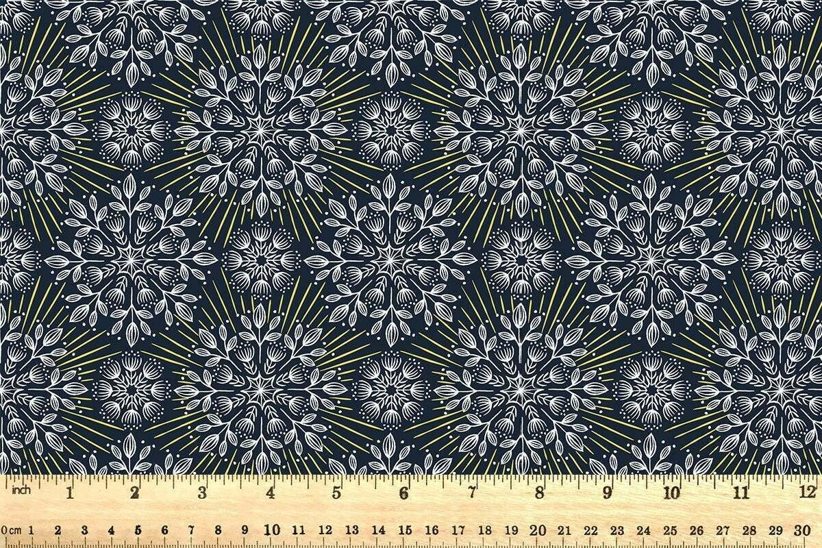Winter Solstice Flowers Midnight Blue Gold Metallic Lewis and Irene Cotton Fabric LI-L61C