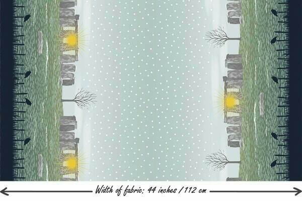 Winter Solstice Stonehenge Double Border Sage Green Gold Metallic Lewis and Irene Cotton Fabric LI-L55