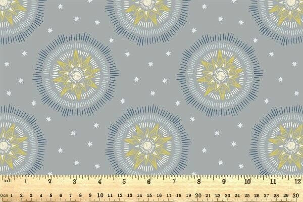 Winter Solstice Sun Star Grey Gold Metallic Lewis and Irene Cotton Fabric LI-L60B