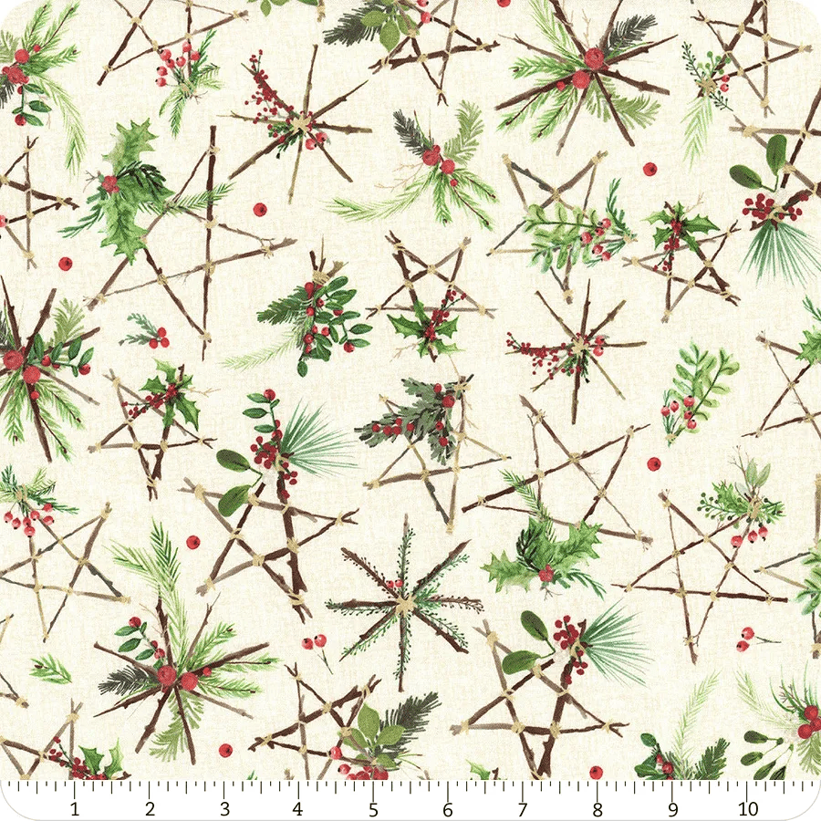Winter Wreaths Stars Cream Maywood Studio Cotton Fabric MS-MAS10882-E