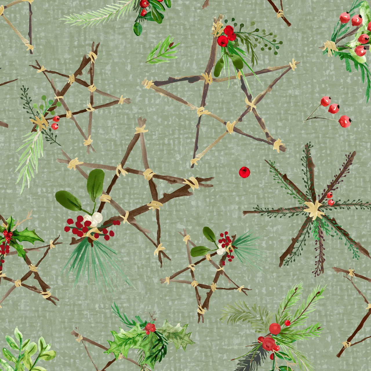 Winter Wreaths Stars Green Maywood Studio Cotton Fabric MS-MAS10882-G