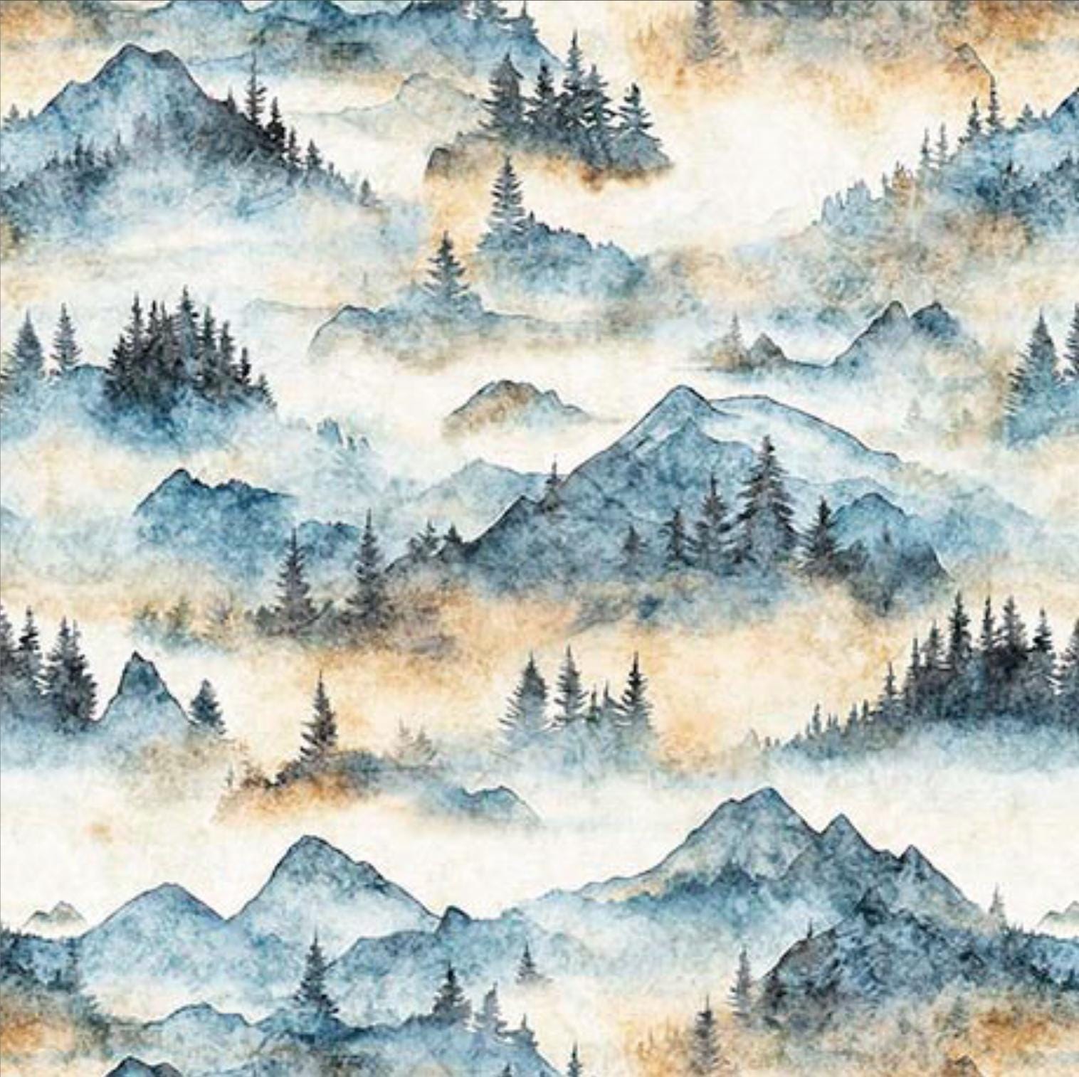 Earthly Delights Snowy Mountains 31303 White Blue ZB - - QT Fabrics - Forest Trees Landscape - Quilting Cotton Fabric
